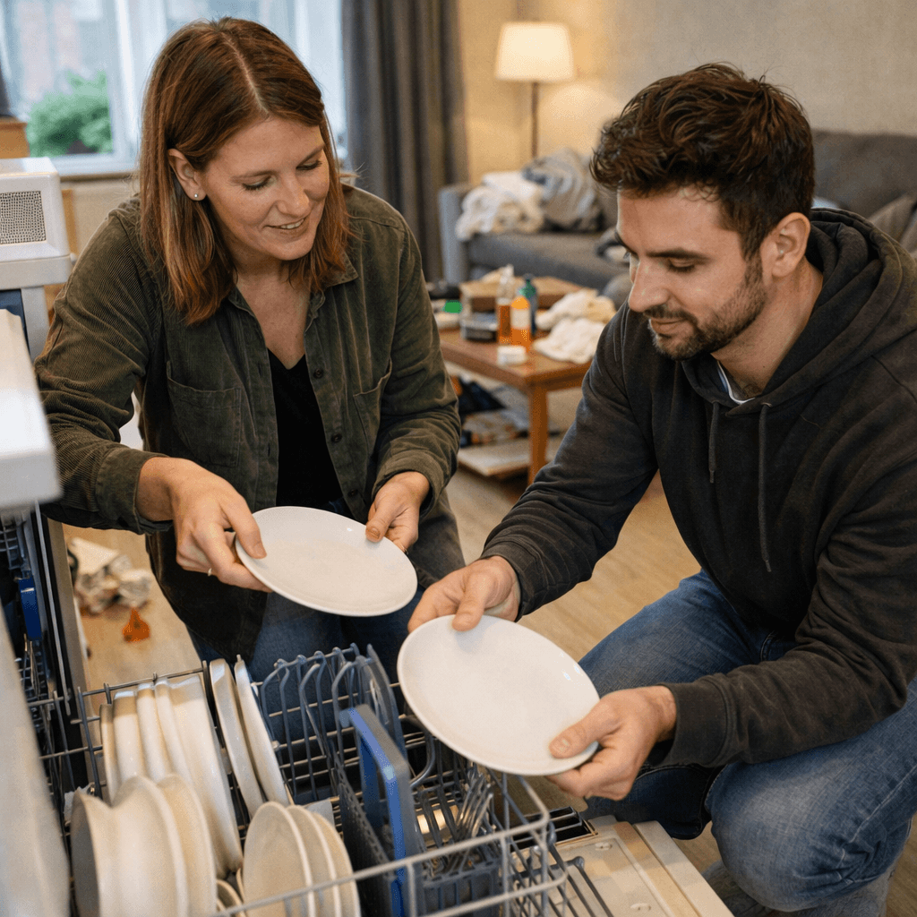 Een man wordt door een vrouw geholpen bij het inpakken van een vaatwasser.