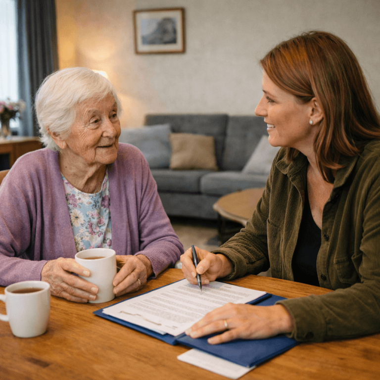 Een oudere dame in gesprek met een begeleidster die advies geeft.
